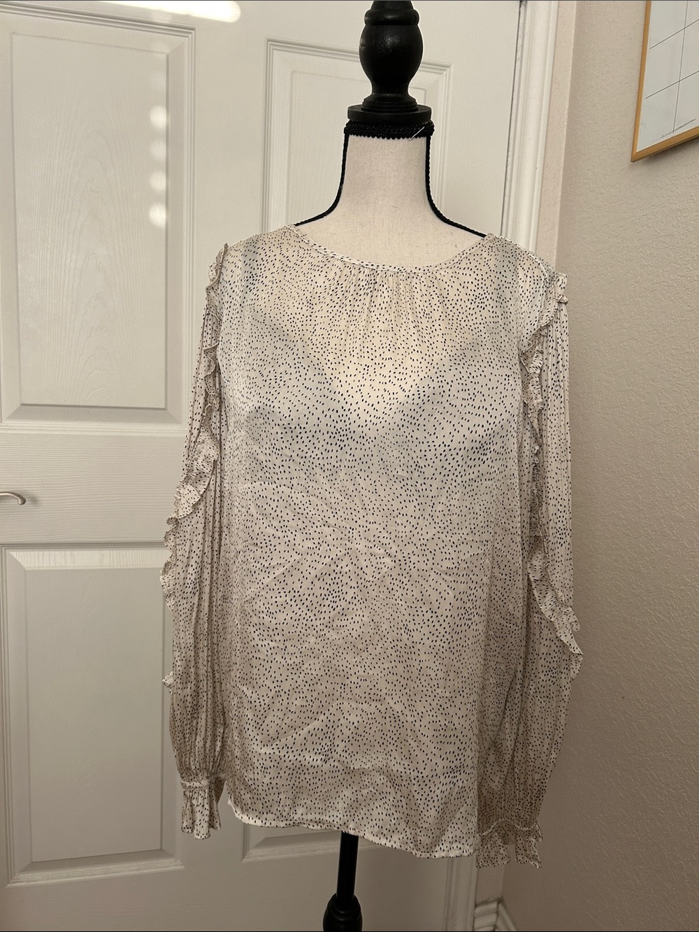 Loft Light Cream Polka Dot Long-Sleeve Ruffle Blouse, Sz. XL, Like New.